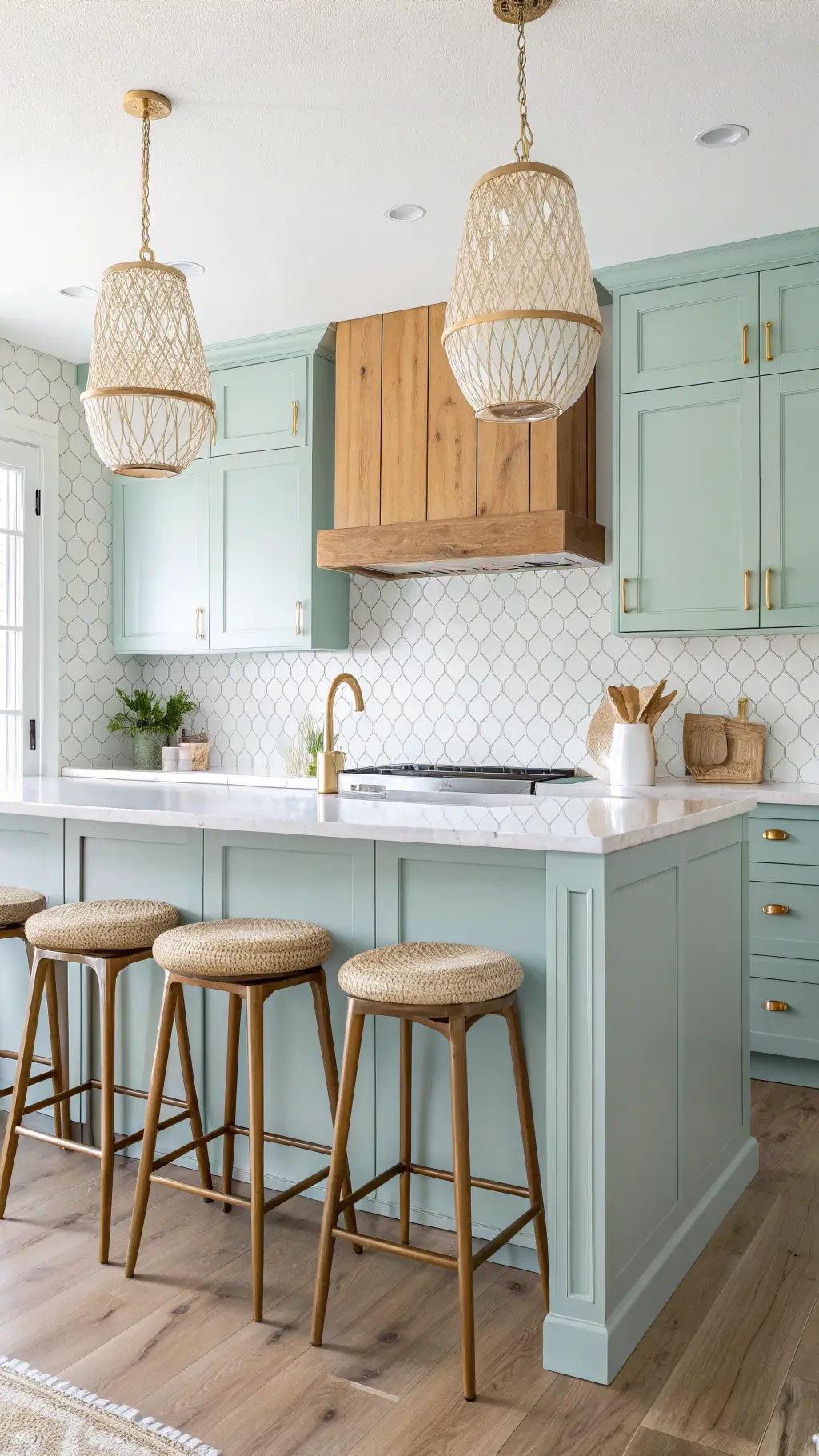 Modern Scandinavian kitchen design with pale turquoise cabinets, blonde wood accents, white penny tile backsplash, minimal brass hardware, sheepskin draped barstools, and geometric pendant lights.