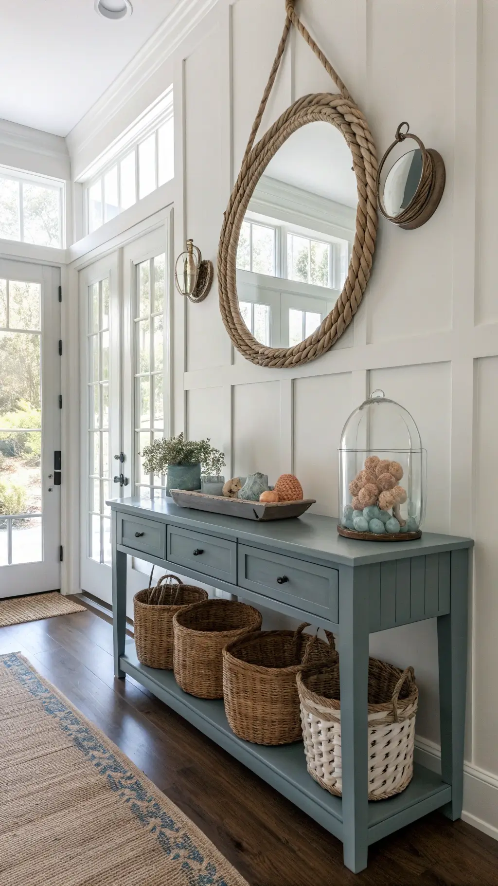 Vintage blue-gray console table with glass floats and coral in a bright 12x14ft entryway with white board and batten walls, oversized round rope mirror, and woven baskets storing beach essentials, captured in the soft morning light for sharp architectural details
