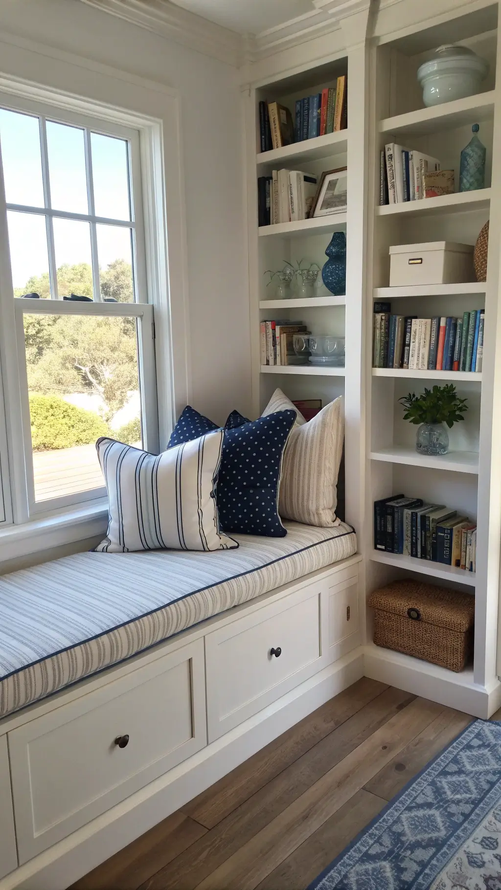 Cozy reading nook with a window bench adorned with navy and sand striped pillows, built-in shelves filled with white-spined books and sea glass collections, on a backdrop of weathered oak floors with late afternoon light streaming in