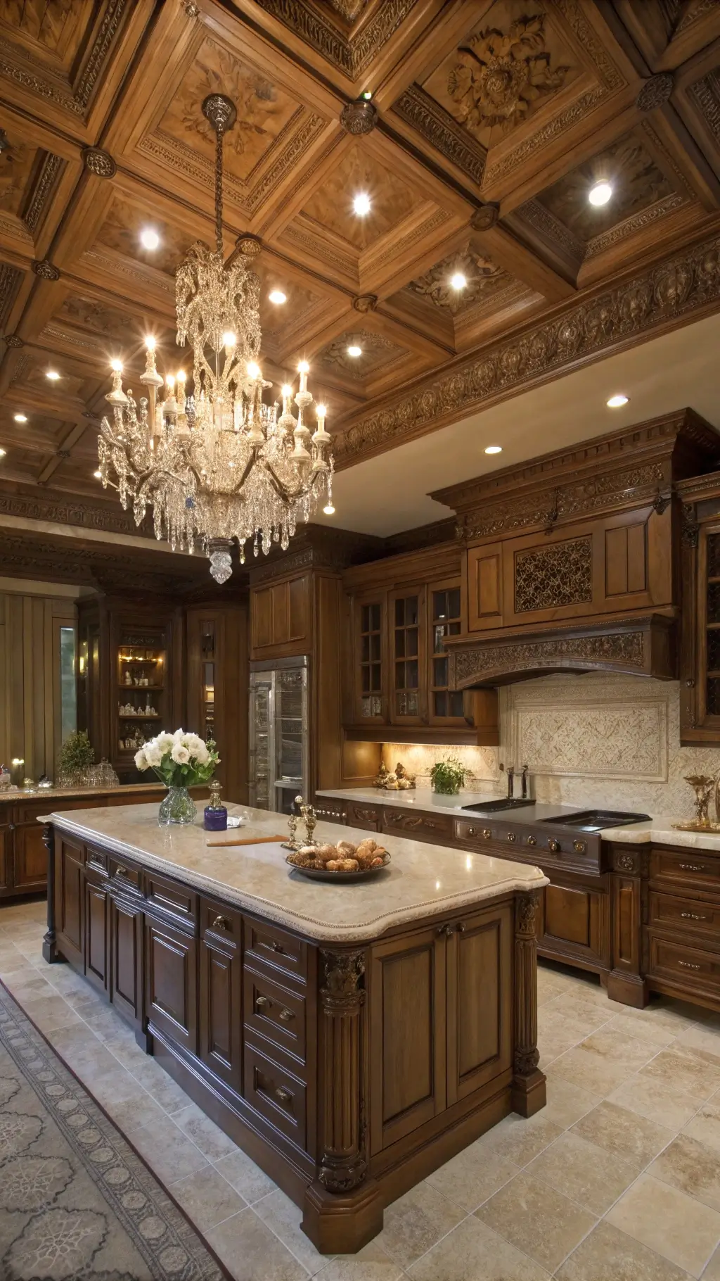 Butler's pantry entrance view of a grand 20x24ft kitchen with coffered ceiling, glowing crystal chandelier, ornate red oak cabinets with antique brass hardware, and fresh flowers in silver urns.