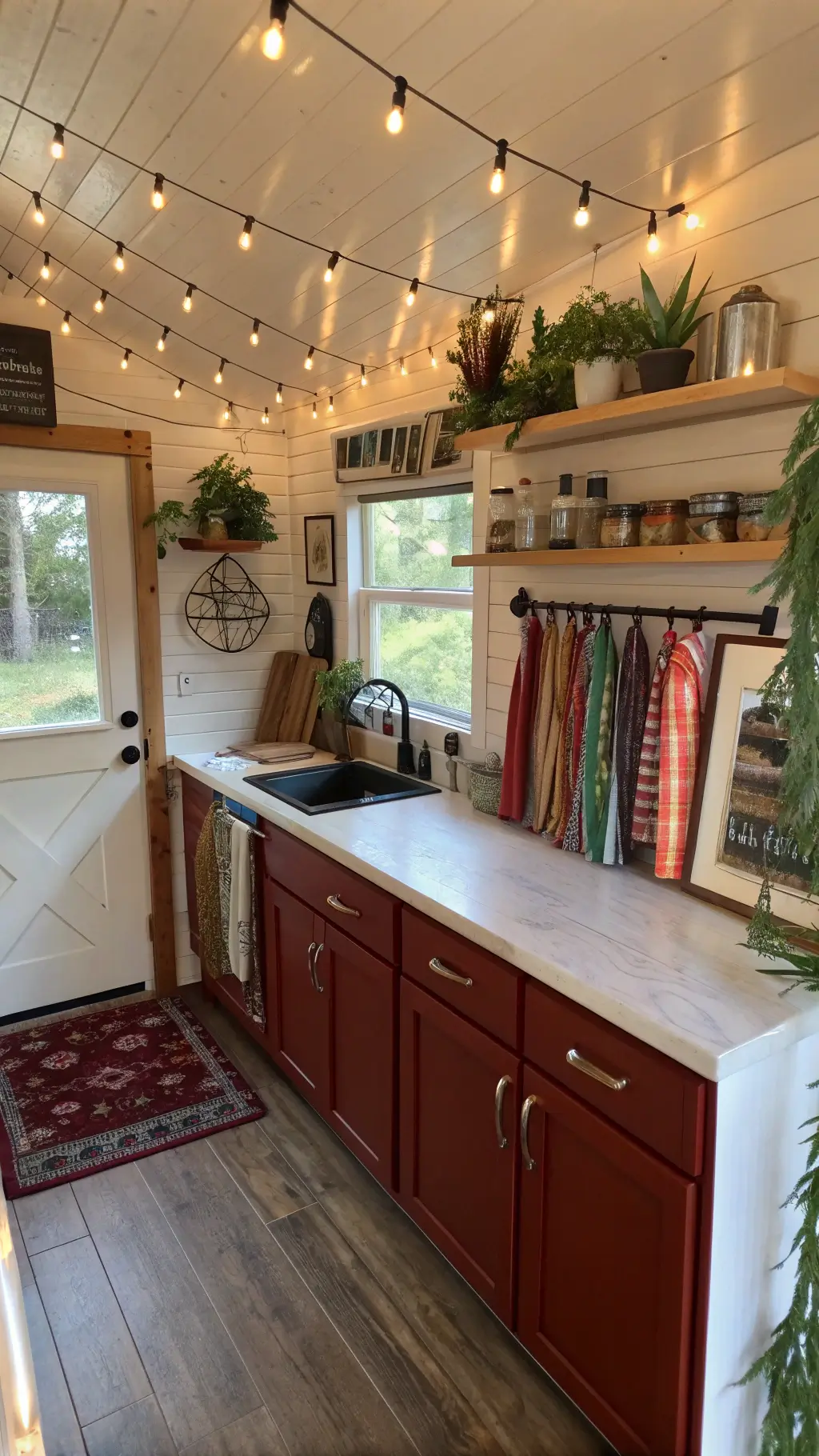 Bohemian-styled artist's kitchen with red oak cabinets, string lights, hanging plants, ceramic collection, and colorful textiles in a compact 12x14ft space.