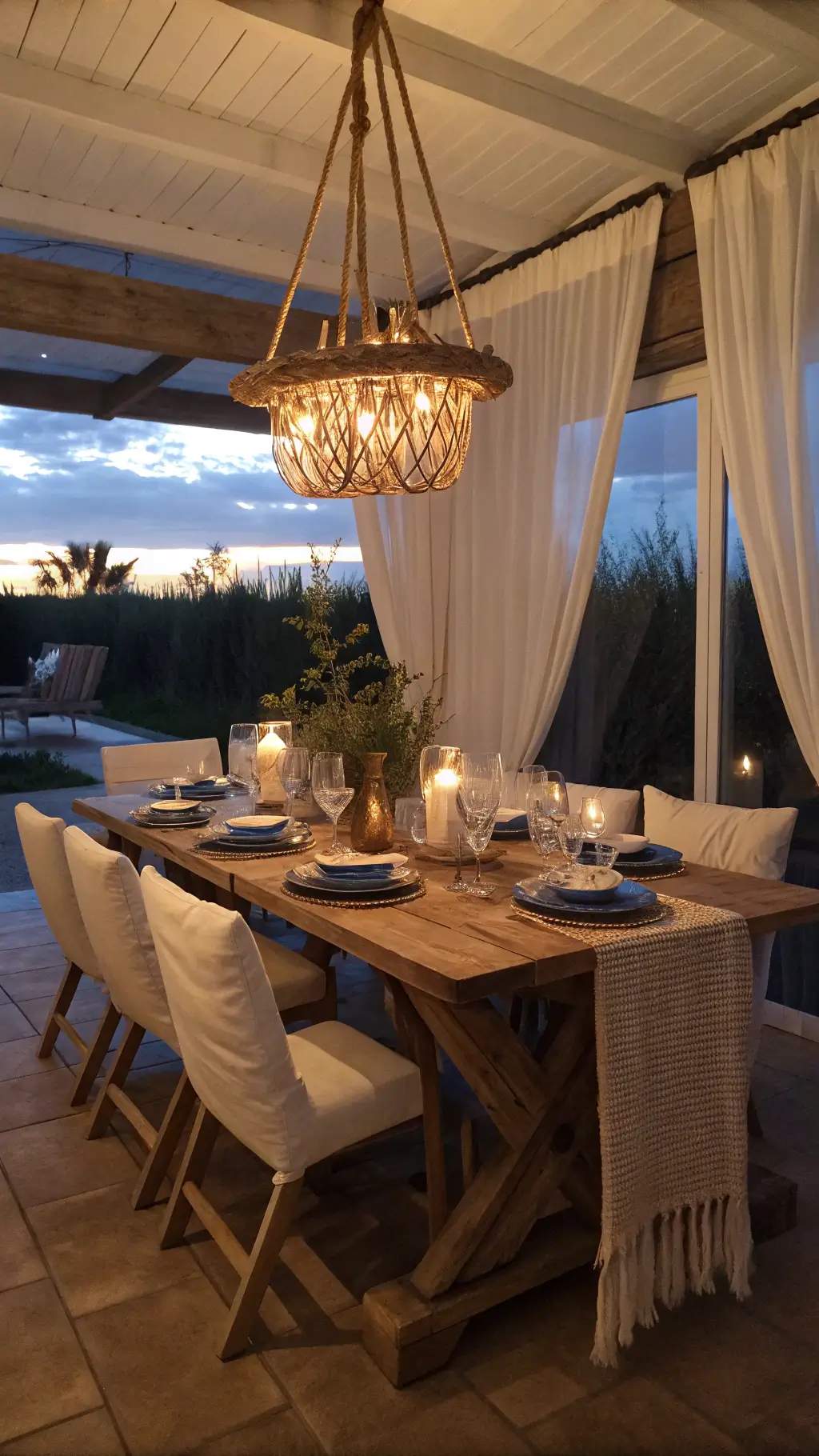 Inviting dining room at dusk with a reclaimed wood table, oatmeal linen chairs, rope chandelier, white ceramic and blue glass table setting, filtered golden hour light through sheer curtains, captured at a low camera angle with balanced exposure.