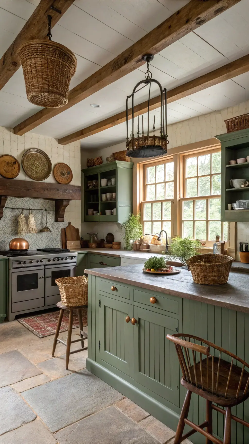 Rustic farmhouse luxe kitchen bathed in morning glow, featuring green beadboard cabinets with aged brass pulls, cream AGA range, soapstone counters, and a reclaimed wood island surrounded by Windsor chairs. Ceiling beams, vintage scales, woven baskets, and an herb drying rack add to the welcoming, lived-in atmosphere.