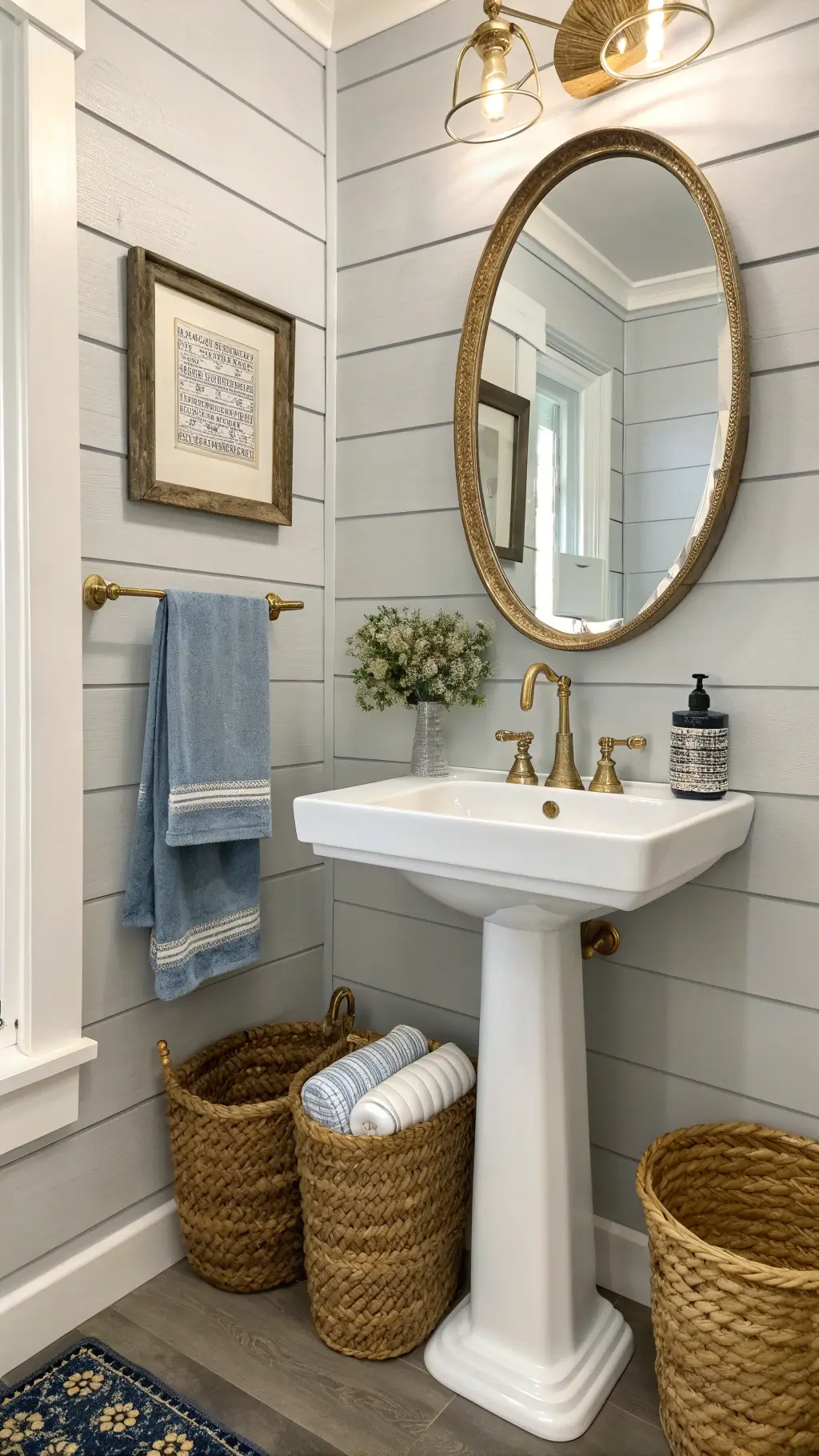 Minimalist powder room with a white pedestal sink, brass mirror, and woven baskets, highlighted by marine blue hand towels and soft gray shiplap walls.