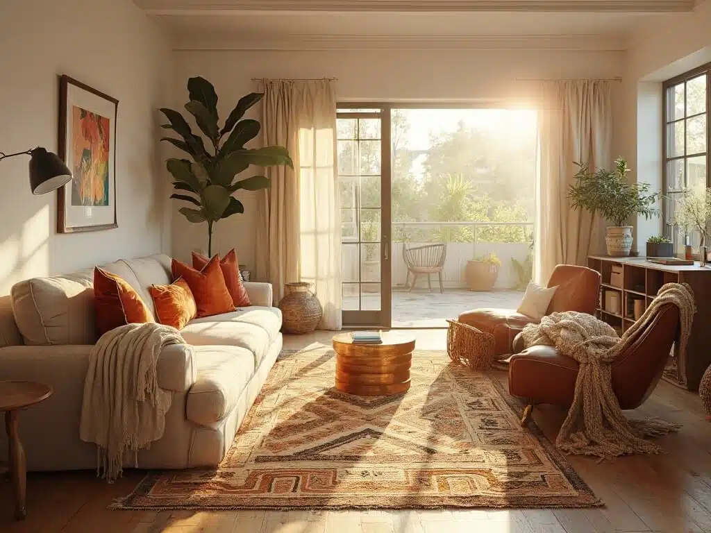 "Sunlit bohemian living room with warm textures at golden hour, featuring cream linen sofa, vintage Moroccan rug, leather armchair, brass floor lamp, and mid-century modern side table."
