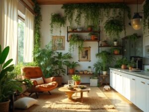 "Bohemian indoor garden paradise in a sunlit living room with floor-to-ceiling green wall, suspended plants, leather reading chair, reclaimed wood table with glass terrariums, integrated herb garden in kitchen area, and earthy decor accents."