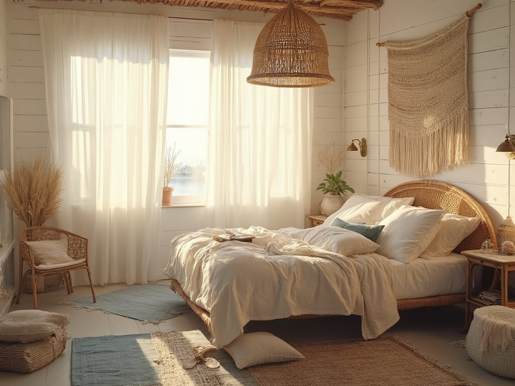 "Sunlit coastal bedroom with rattan bed, textured linen bedding, macramé wall hanging, vintage Persian and jute rugs, and bohemian décor"