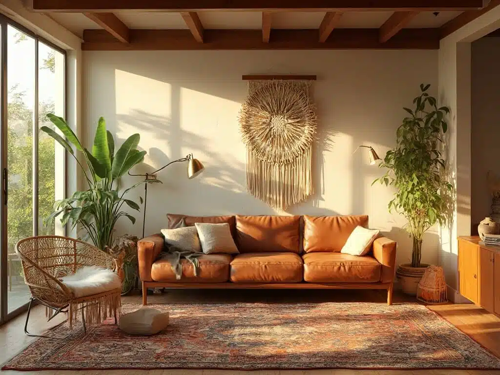 "Sunlit mid-century modern living room featuring a leather sofa, vintage rugs, large plants, and boho decor."