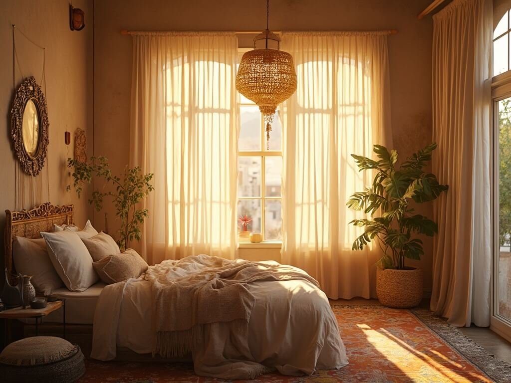 "Sunlit bohemian bedroom with layered curtains, rattan platform bed, macramé wall hangings, Persian rug and vintage ceramic vessels."