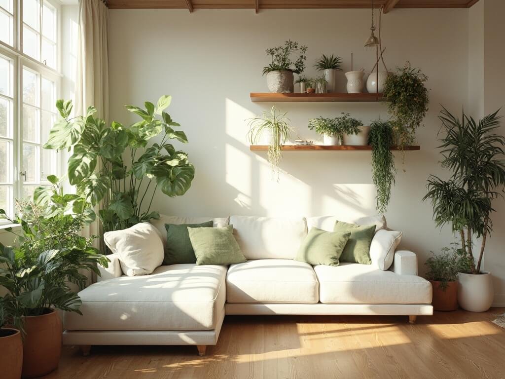 "Scandinavian living room with minimalist decor, green houseplants and floor-to-ceiling windows during golden hour"