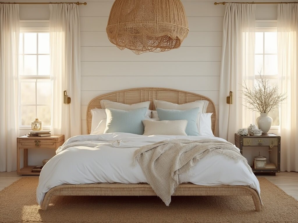 "Coastal chic bedroom in golden hour with rattan bed, linen sheets, jute rug, and coastal artifacts"