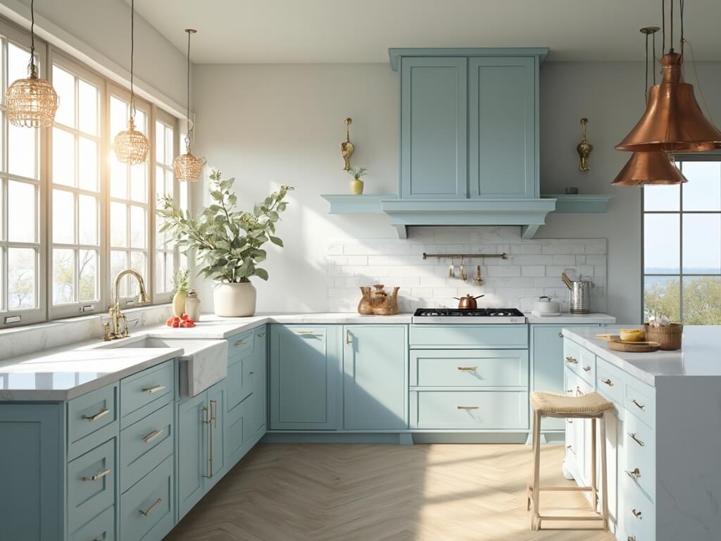 "Coastal kitchen with light blue cabinets, marble island and rattan pendant lights in morning sunlight"