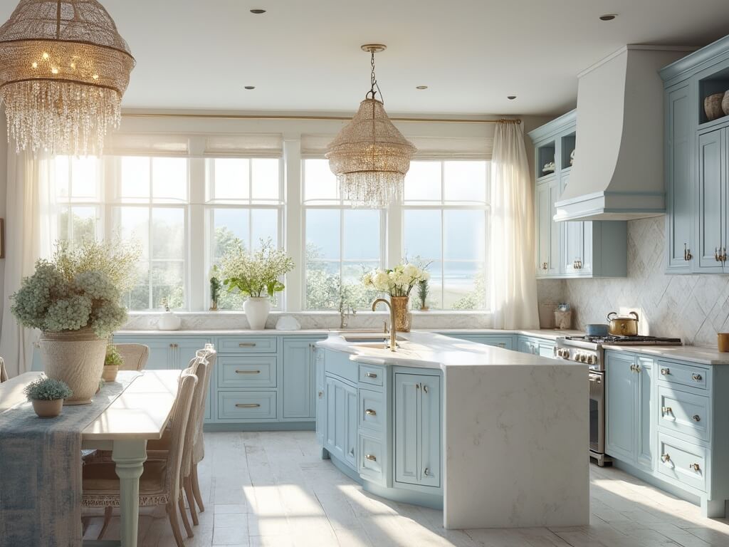 "Sunlit coastal kitchen with pale blue Shaker cabinets, white marble island, herringbone floors, sheer curtains and brass accents"
