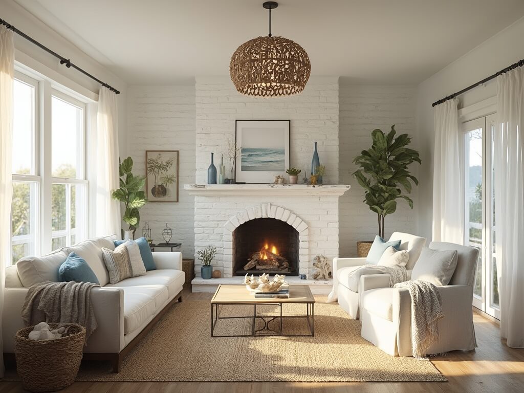"Sunny coastal cottage living room with white shiplap walls, blue-grey accent chairs, a brick fireplace adorned with driftwood, a rattan pendant light, and large windows with white curtains filtering morning light."