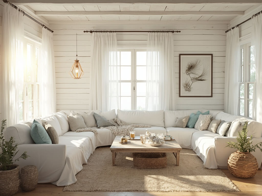 Bright and airy coastal farmhouse living room with white shiplap walls, cream linen sectional, natural light from floor-to-ceiling windows, and dusty blue accents.