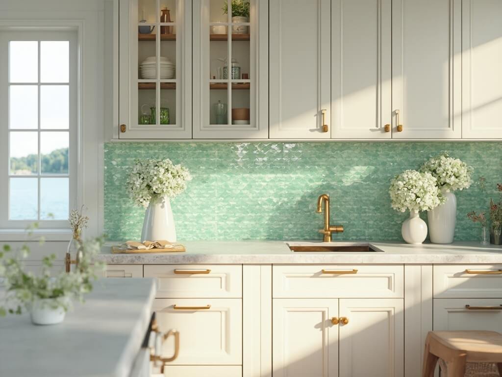 "Sunlit coastal kitchen with seafoam green tile backsplash, white cabinets, and quartzite countertop"