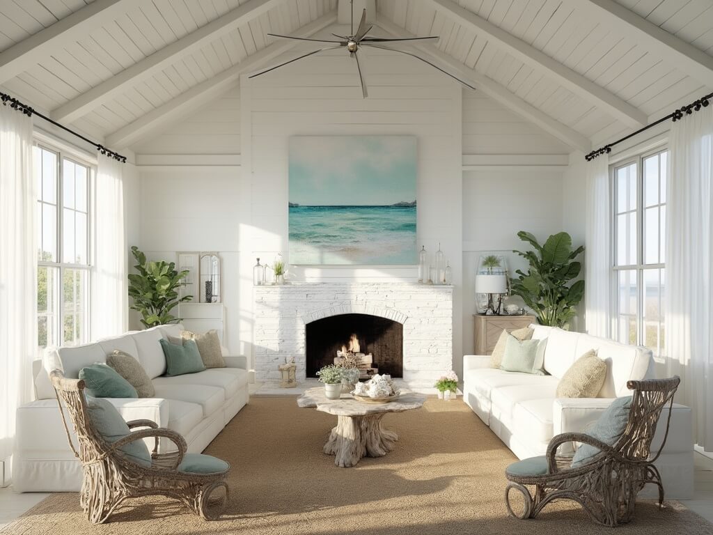 "Coastal-inspired living room with vaulted ceilings, large windows, white sofa, rattan chairs, driftwood coffee table and beach accessories."