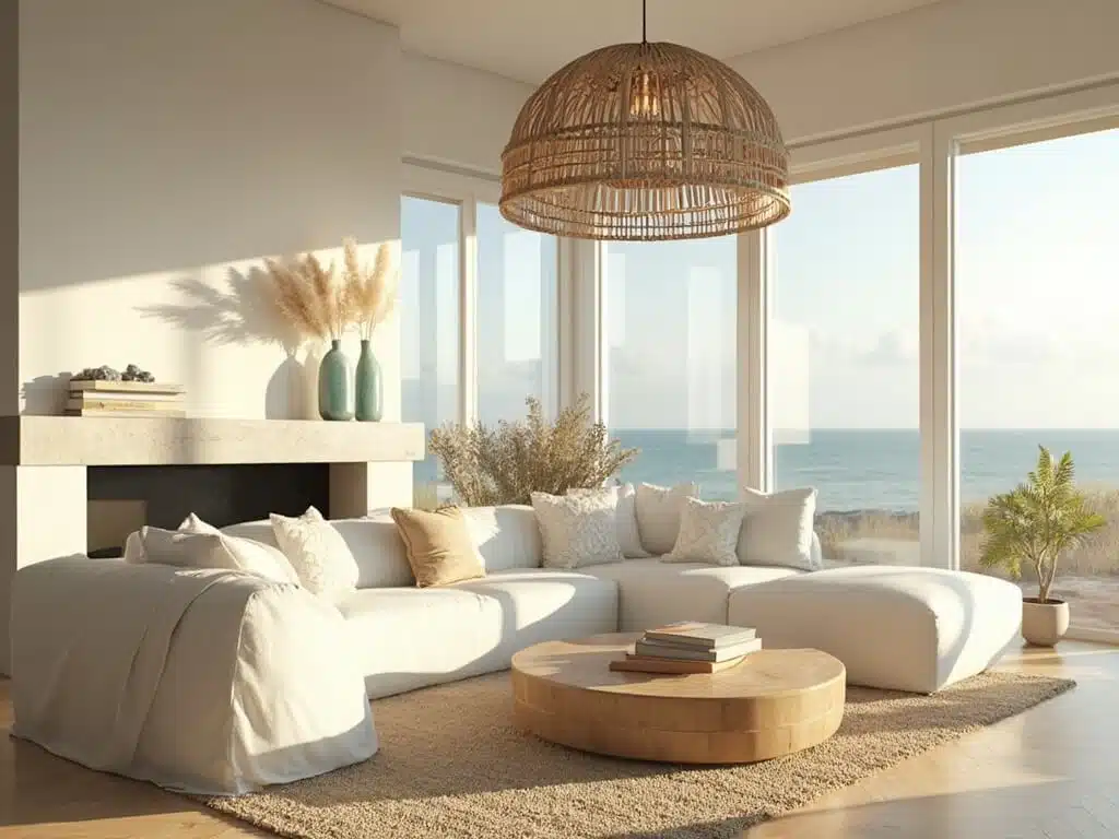 "Modern coastal living room with natural light, featuring cream sofa, Carrara marble fireplace, and rattan pendant lamp."