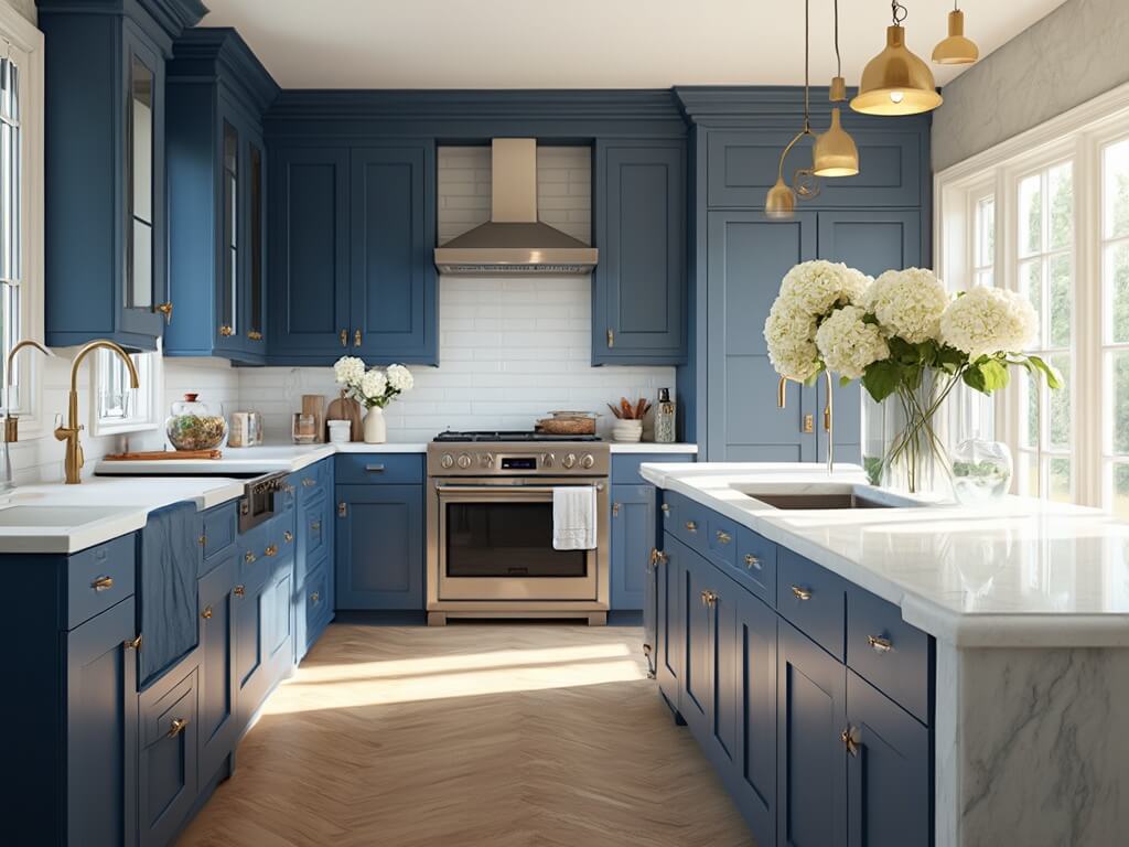 "Modern coastal kitchen with navy blue cabinets, white quartz island, brass pendant lights, oak flooring, and marble countertops in natural morning light."