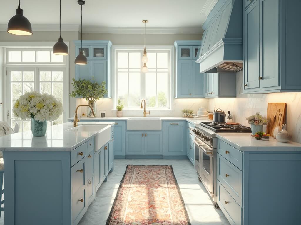 "Sunlit powder blue kitchen with Shaker-style cabinets, white quartz island, antique brass fixtures, and styled decor on hardwood floor"