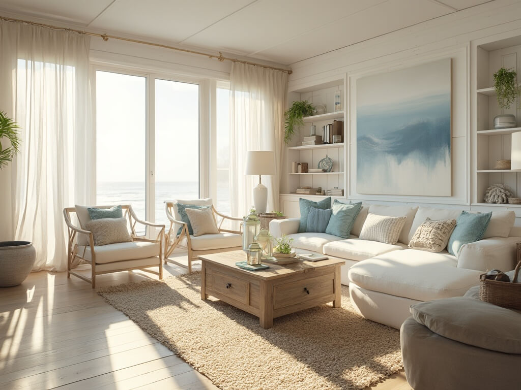"Sunlit coastal living room with white linen sofa, rattan chairs, driftwood coffee table, and coastal decor, featuring floor-to-ceiling windows with sheer curtains."