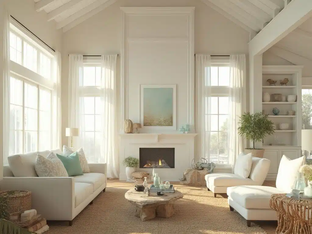 "Coastal living room with natural light, ivory sectional, driftwood table and white wooden beams"