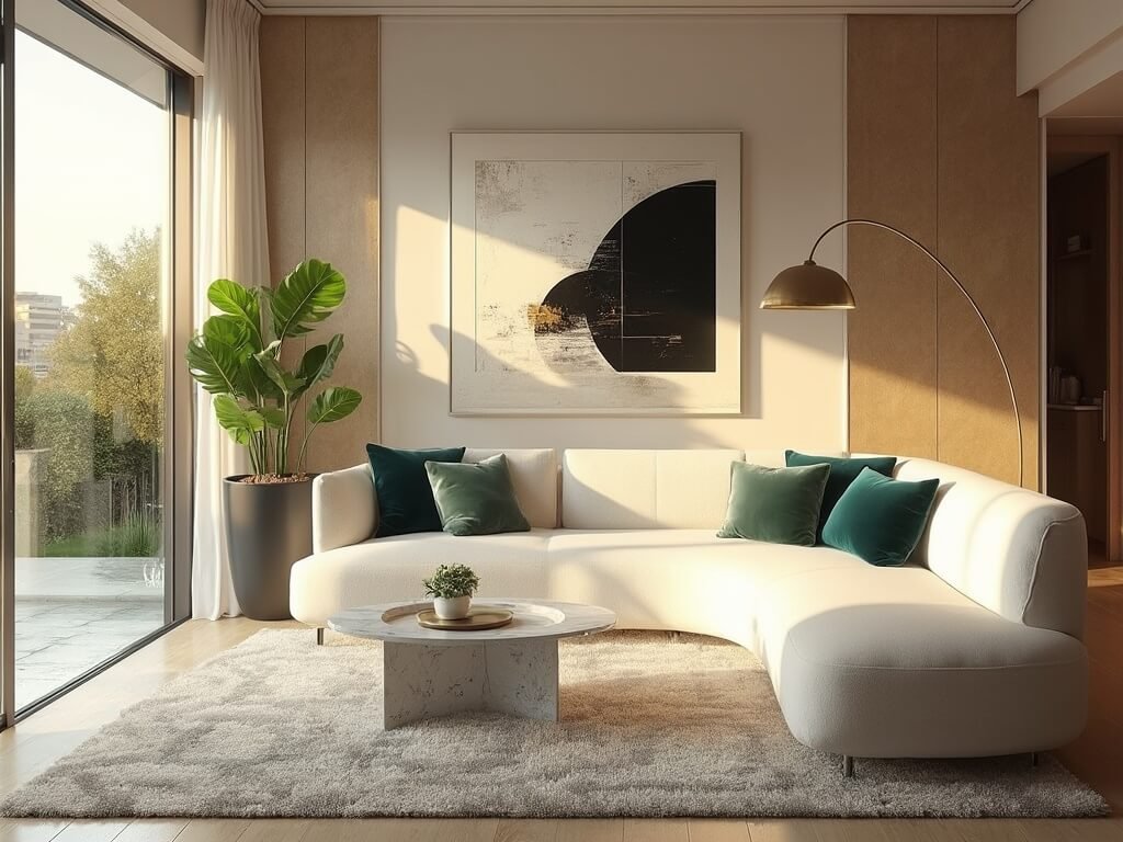 "Sunlit contemporary living room with ivory sectional, marble coffee table, brass floor lamp, and abstract artwork on a grasscloth accent wall"