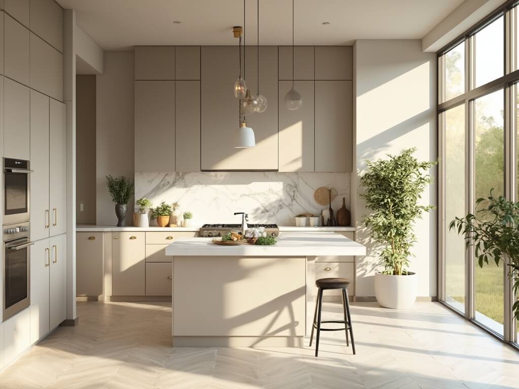 "Contemporary kitchen with light taupe cabinets, white quartz island, stainless steel appliances, and golden hour sunlight streaming through large windows"