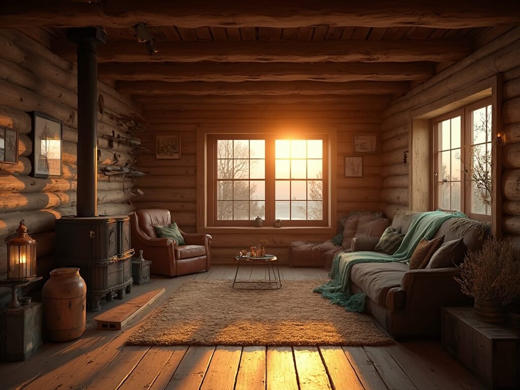 "Interior of a cozy fishing cabin at sunset, featuring vintage fishing decor, rustic wood textures, and warm, ambient lighting."