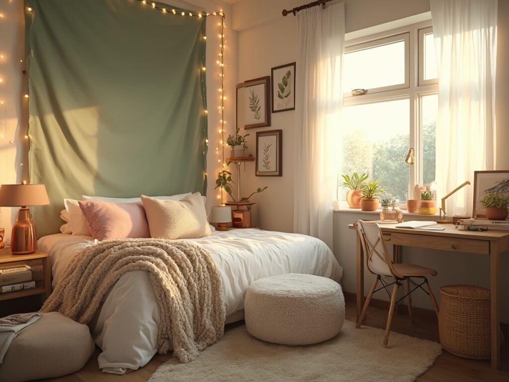 "Dorm room at golden hour with sage green tapestry, Twin XL bed, LED string lights, floating desk and botanical gallery wall"