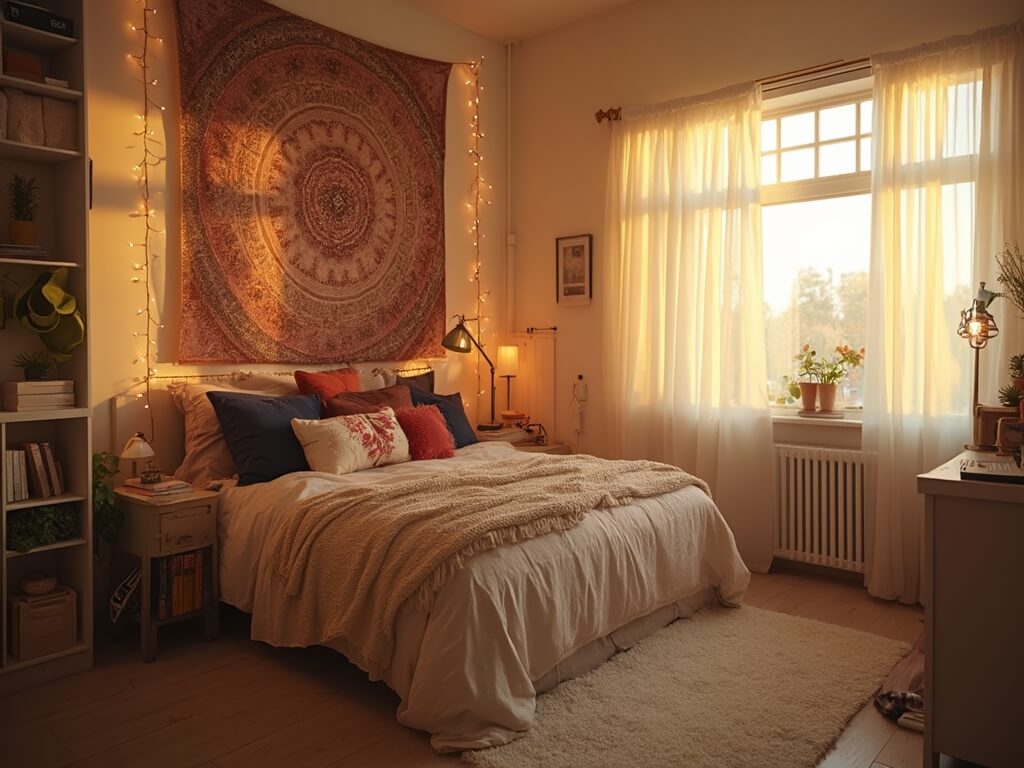 "Stylish dorm room bathed in warm golden sunlight with layered bedding, mandala tapestry, string lights, minimalist desk setup and ivory Moroccan-style rug."