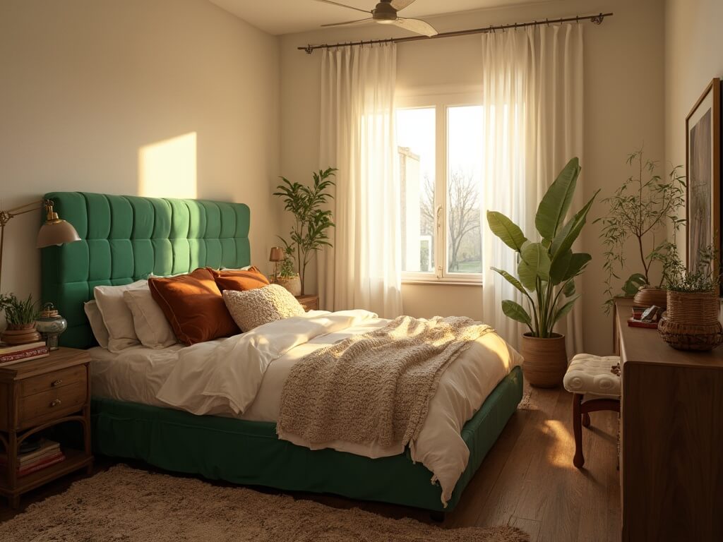"Stylish dorm room bathed in golden hour sunlight, details focusing on the emerald green headboard, cream bedding, and wooden desk with plants."