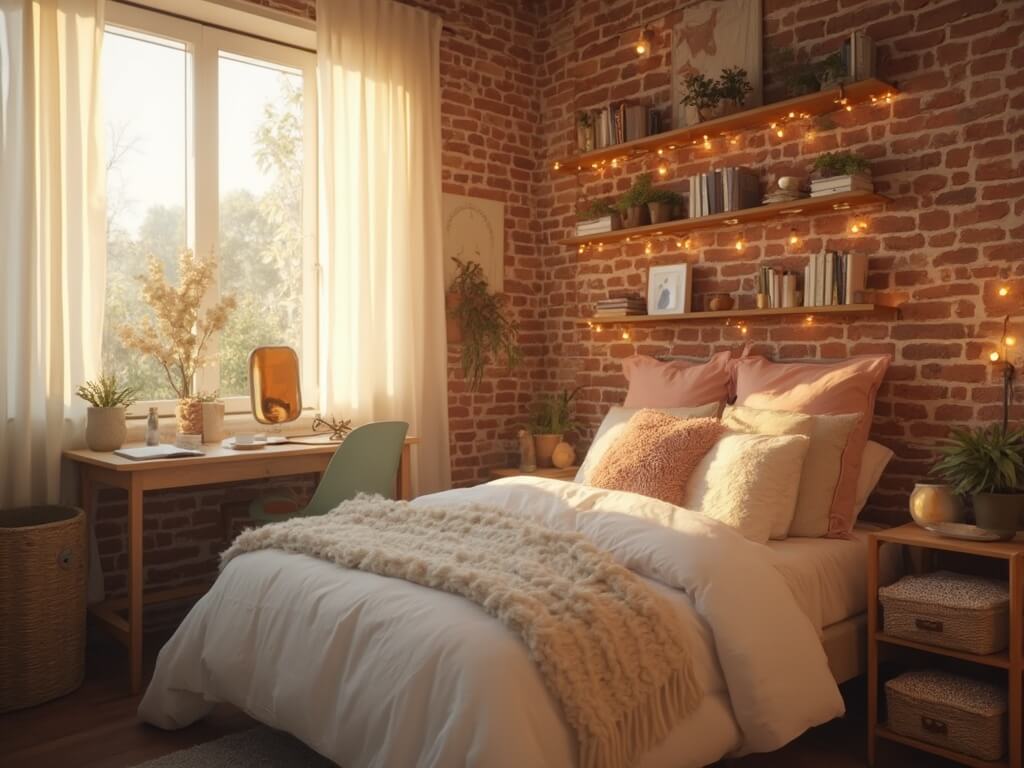 Transformed cozy dorm room illuminated by golden hour sunlight, featuring a plush bed, fairy lights on brick walls, floating shelves with books and plants, and a minimalist desk setup.