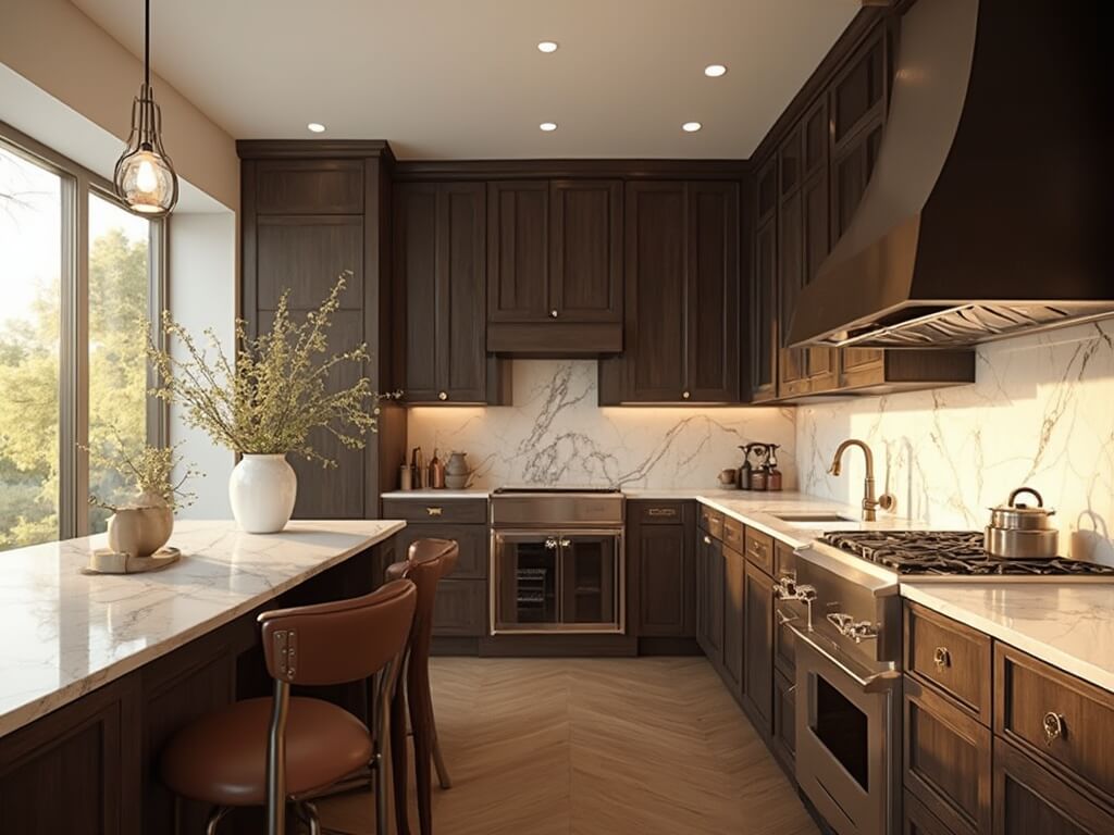 "Luxurious modern kitchen with espresso-stained solid wood cabinets, white quartz countertops, champagne brass fixtures, stainless steel appliances, and marble backsplash, illuminated by morning sunlight"