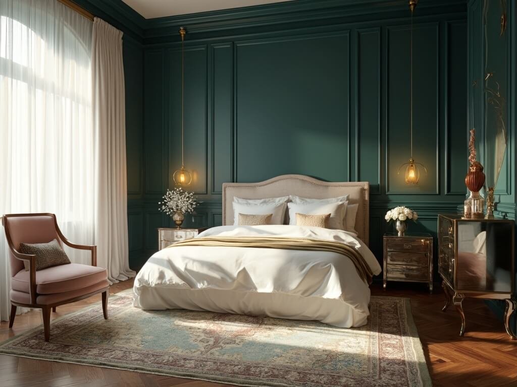 "Luxury master bedroom with dark teal walls, king-size bed, and sophisticated decor during golden hour"