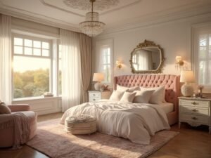 "Elegant master bedroom with blush pink tufted headboard, layered white and taupe bedding, ornate side tables, crystal chandelier and lamps, sheer curtains, vintage Persian rug, French provincial dresser, oval mirror, and rose velvet chaise lounge bathed in golden light."