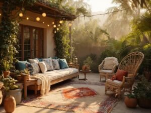 "Bohemian patio at golden hour with weathered teak daybed, layered textiles, mature palm trees, brass lanterns, a natural rattan peacock chair, and terra cotta pots filled with desert plants."
