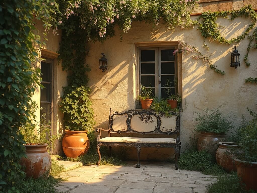 "Vintage European garden courtyard at sunset with climbing roses, mature wisteria, moss-covered terracotta pots, and antique lanterns"