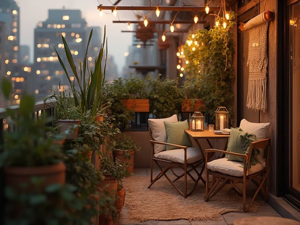 "Dreamy urban balcony transformation at golden hour, featuring teak bistro set, hanging planters, sage green pillows and cityscape background, shot in professional interior architecture style with Sony A7III"