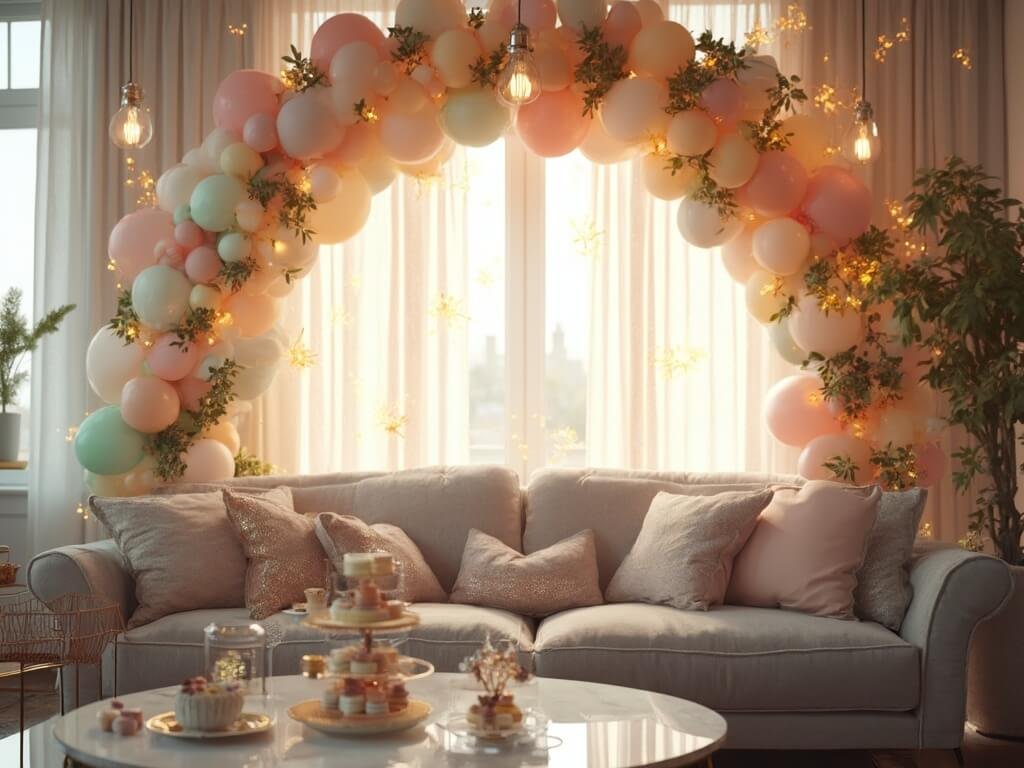 "Elegant birthday celebration setup in a modern living room with pastel balloon arch, a grey velvet sofa, fairy lights, a dessert display on marble coffee table, and vintage brass accents"