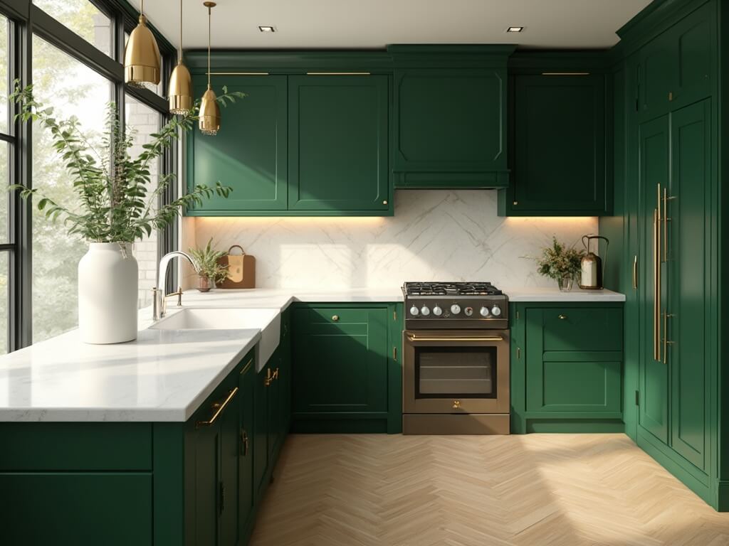 "Luxurious modern kitchen with emerald green cabinets, marble countertops, brass fittings and natural oak flooring, bathed in morning sunlight"
