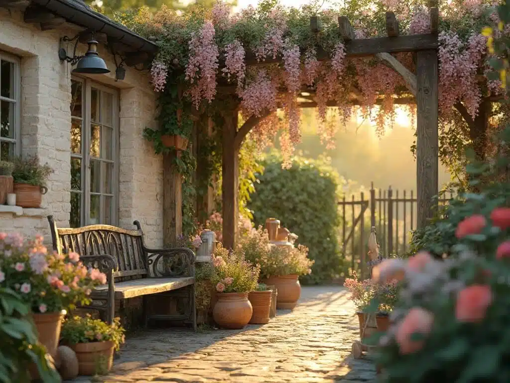 "Vintage cottage garden at golden hour with wrought-iron bench, climbing roses, wisteria-covered pergola, and artful arrangement of watering cans and pots with English lavender"
