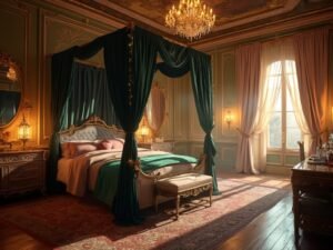 "Luxurious bedroom with grand four-poster bed, venetian mirrors, vintage brass lanterns, and celestial mural at golden hour, creating an ethereal atmosphere"