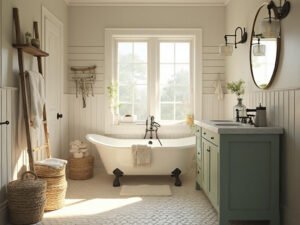 "Sunlit farmhouse bathroom with vintage fixtures, white subway tiles, sage green vanity with marble countertop, and antique accents during golden hour"