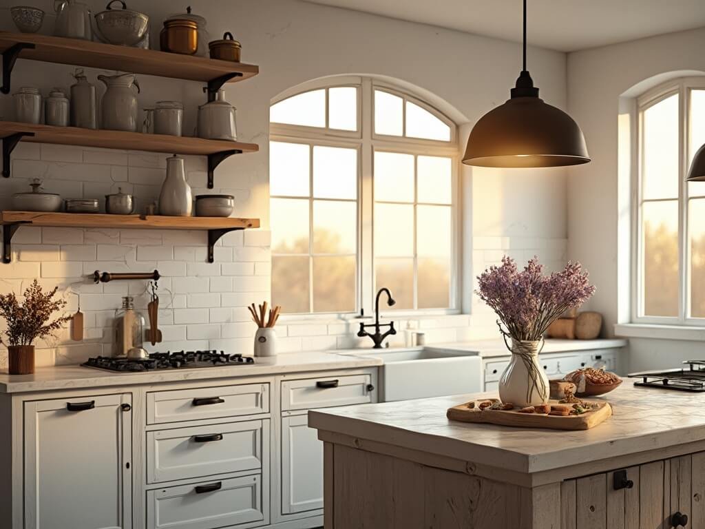 "Sunlit farmhouse kitchen with white backsplash, distressed shiplap wall, copper pots, marble island, and reclaimed wood shelves"