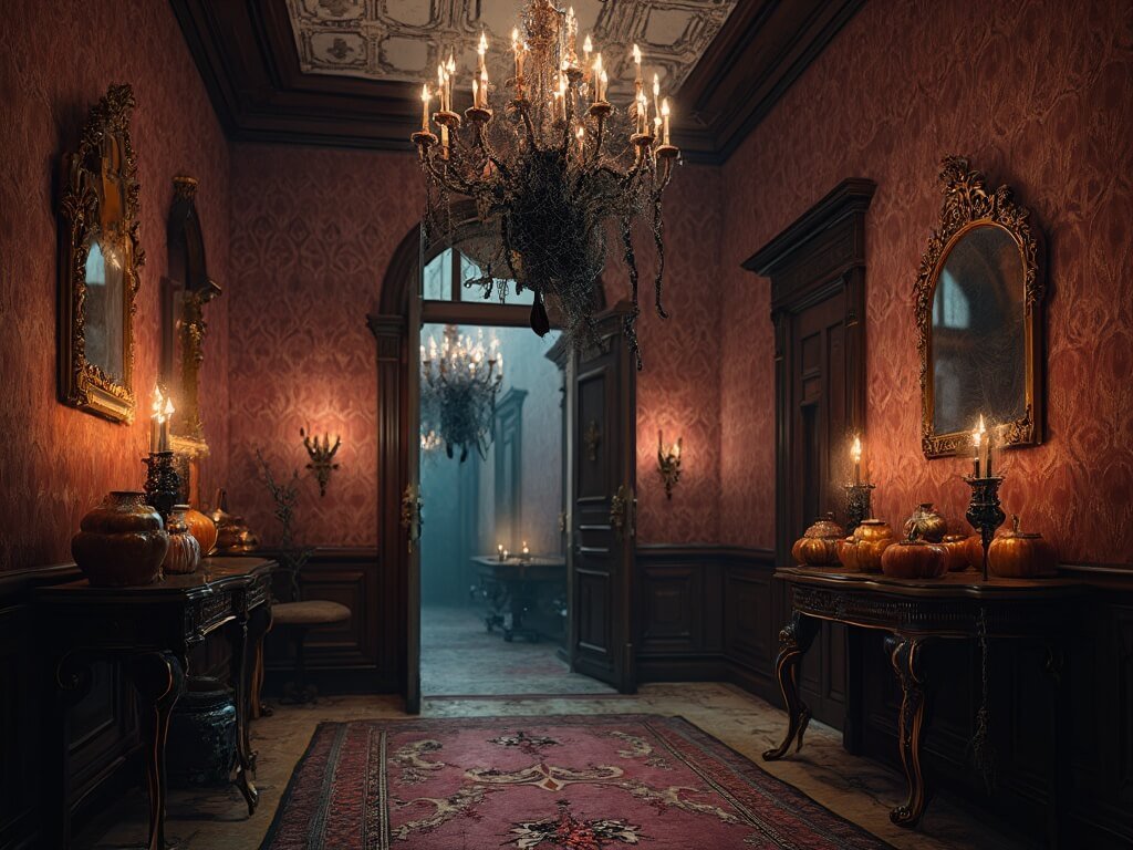 "Gothic Victorian foyer decorated for Halloween with cobwebs, a descending spider from a black wrought-iron chandelier, mahogany console table with mercury glass pumpkins, and ornate mirrors under atmospheric amber lighting"