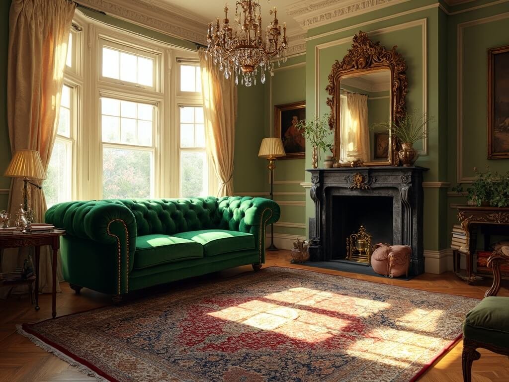 "Elegant Georgian styled living room with antique furnishings, bathed in warm sunlight"