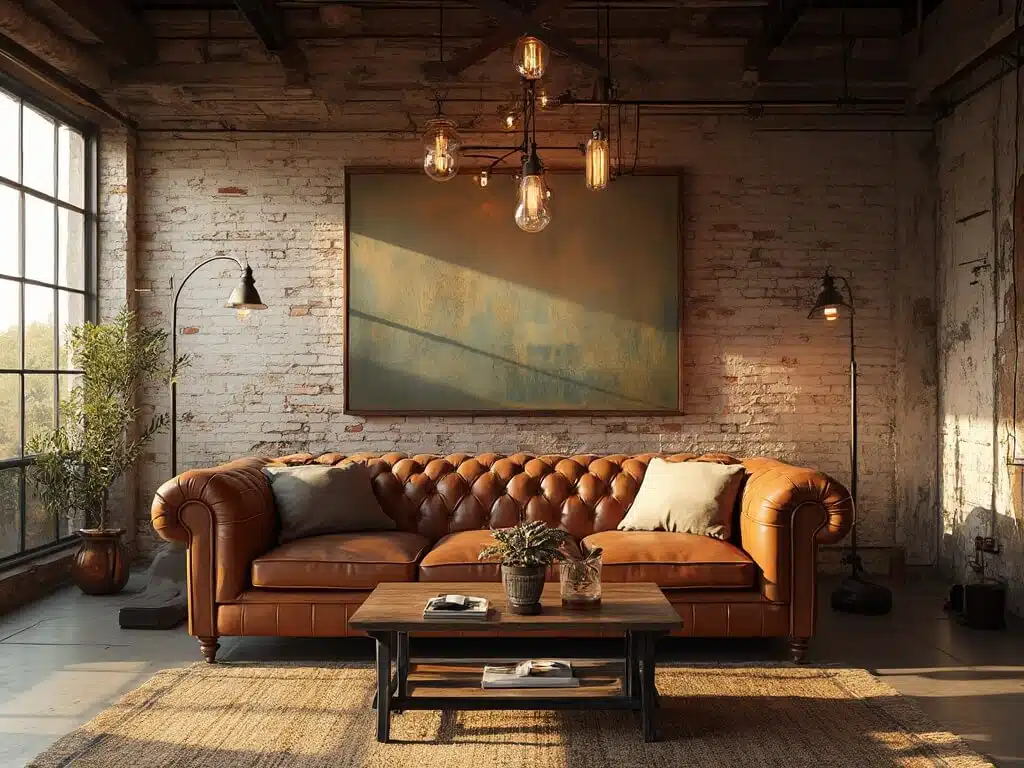 "Industrial farmhouse living room at golden hour with exposed brick wall, wooden beams, and cognac leather sofa"