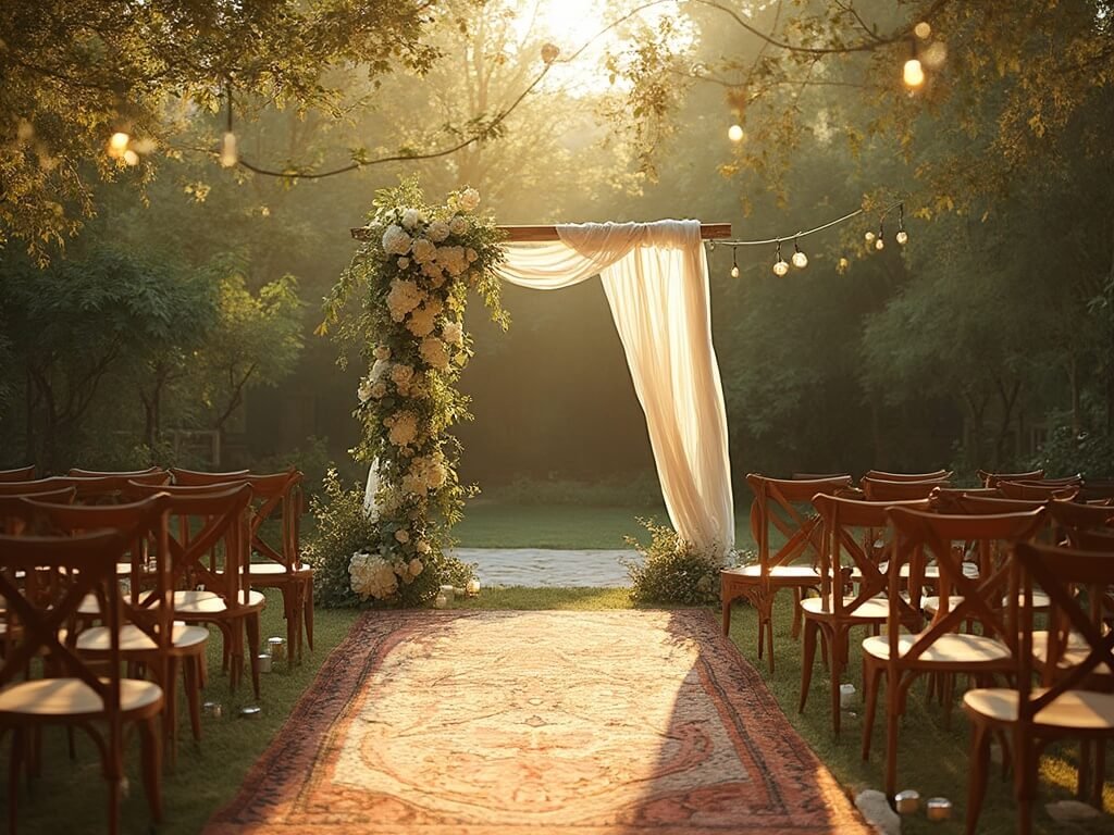"Intimate backyard wedding ceremony at golden hour featuring an asymmetrical floral arch, Persian rugs, cross-back wooden chairs, and soft fairy light decoration"