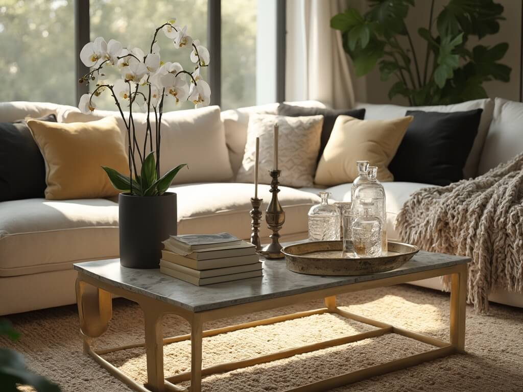 "Stylish living room with artfully curated coffee table, featuring books, orchid, brass candlesticks, and crystal decanters, with golden hour light streaming in."